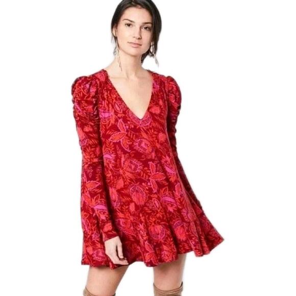 Free People Hello Lover Red Scarlett Floral Print Tunic Dress Sz XS Puff Sleeve - Picture 1 of 12